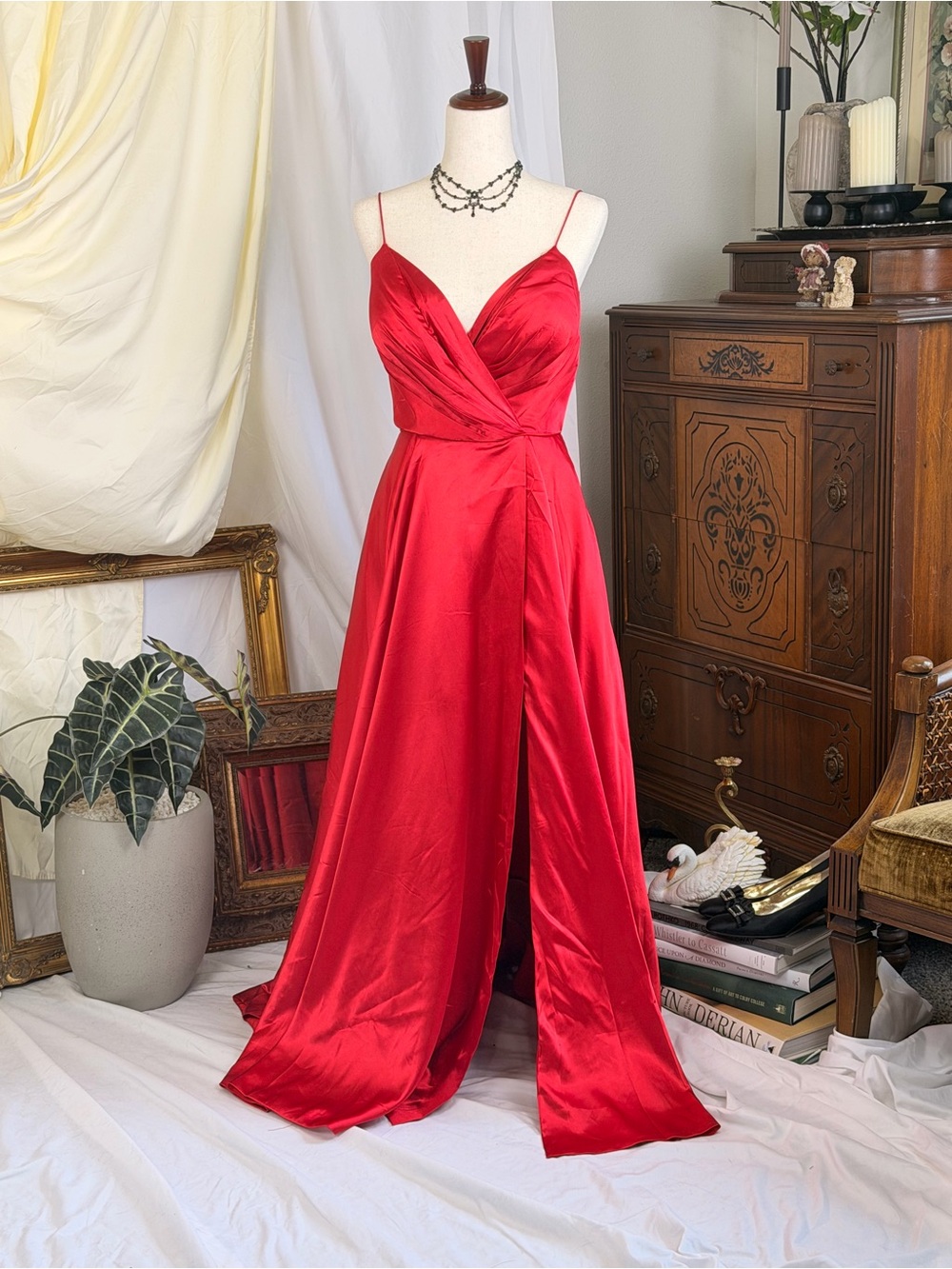 Sherri Hill Red Satin Evening Gown - Sleeveless Spaghetti Strap Dress - Prom - Picture 2 of 8